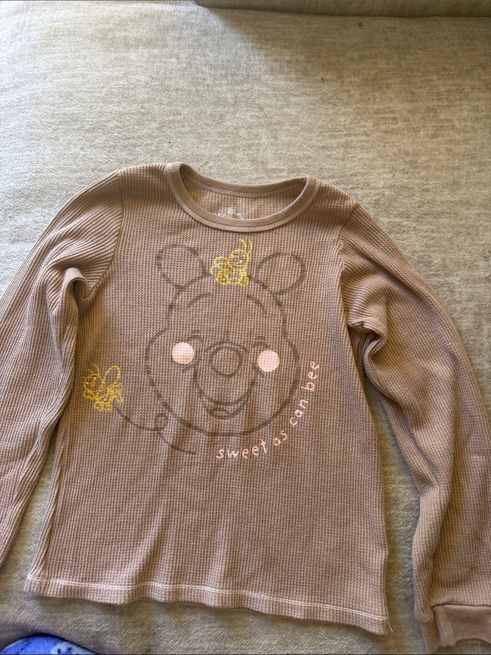 Disney Taupe Waffle Knit Long Sleeve Tee with Winnie the Pooh Print